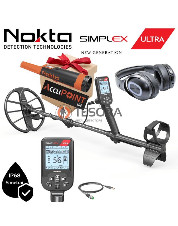 NOKTA SIMPLEX ULTRA WHP metalo detektorius su belaidėmis ausinėmis + DOVANA "ACCUPOINT LITE pinpointeris"