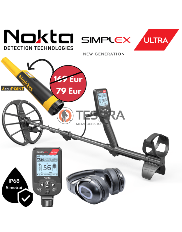 NOKTA SIMPLEX ULTRA WHP metalo detektorius su belaidėmis ausinėmis + AccuPoint pinpointeris pigiau !